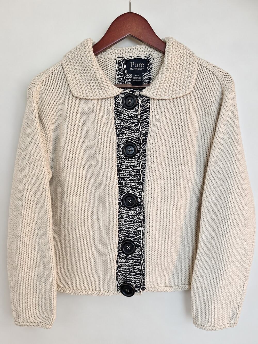 Pure Handknit XS/S Cream Cotton Cardigan Handmade Chunky Knit Coastal Boho...